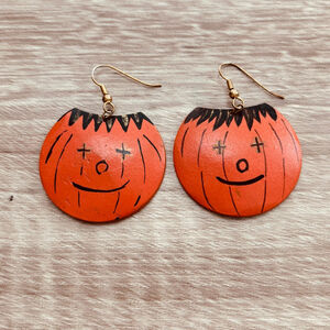 Halloween Pumpkin Earrings Wooden Orange Black Jack O Lantern
